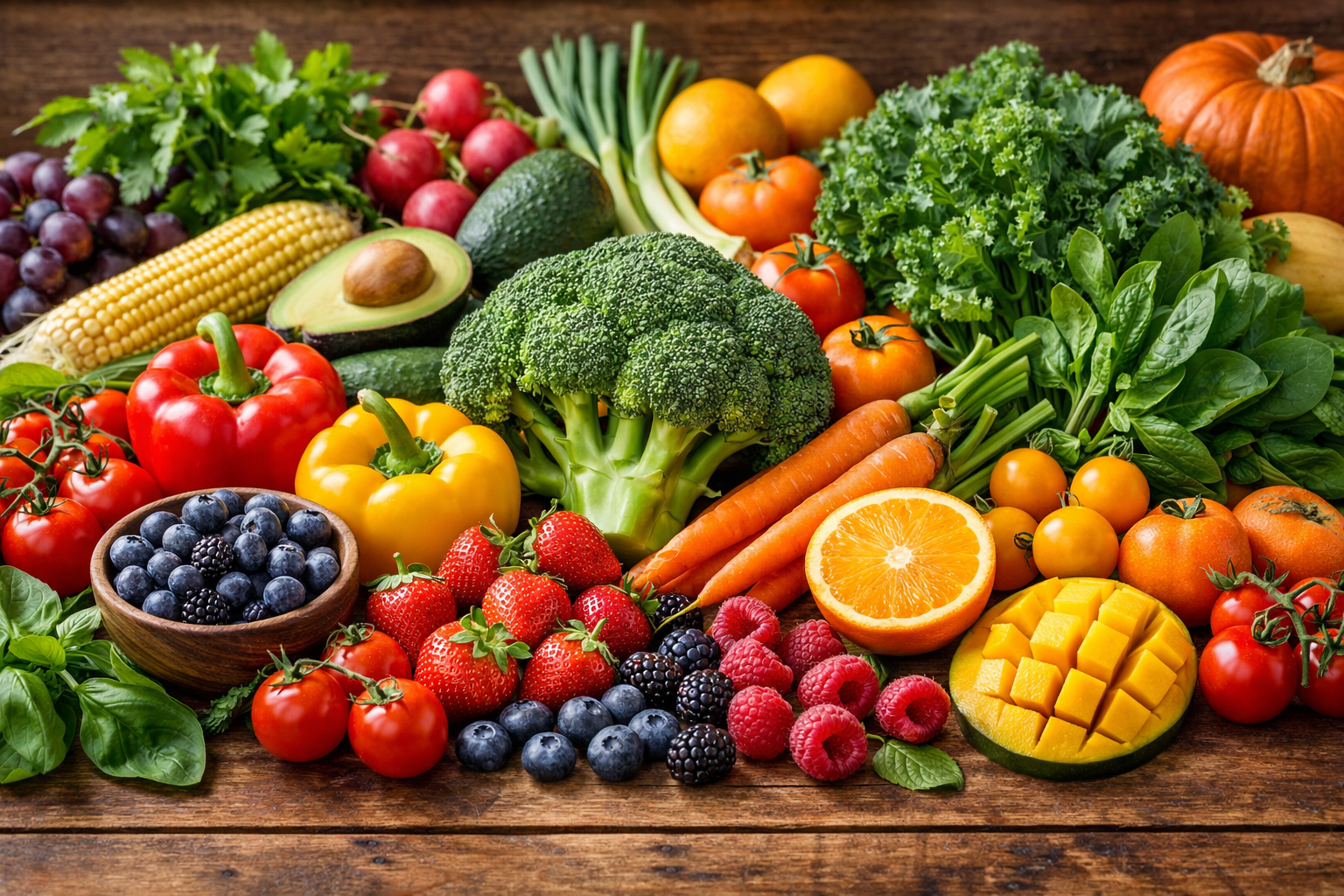 Fresh colorful vegetables and fruits arranged on a wooden table, including bell peppers, broccoli, berries, orange produce, and leafy greens, natural lighting, healthy eating concept